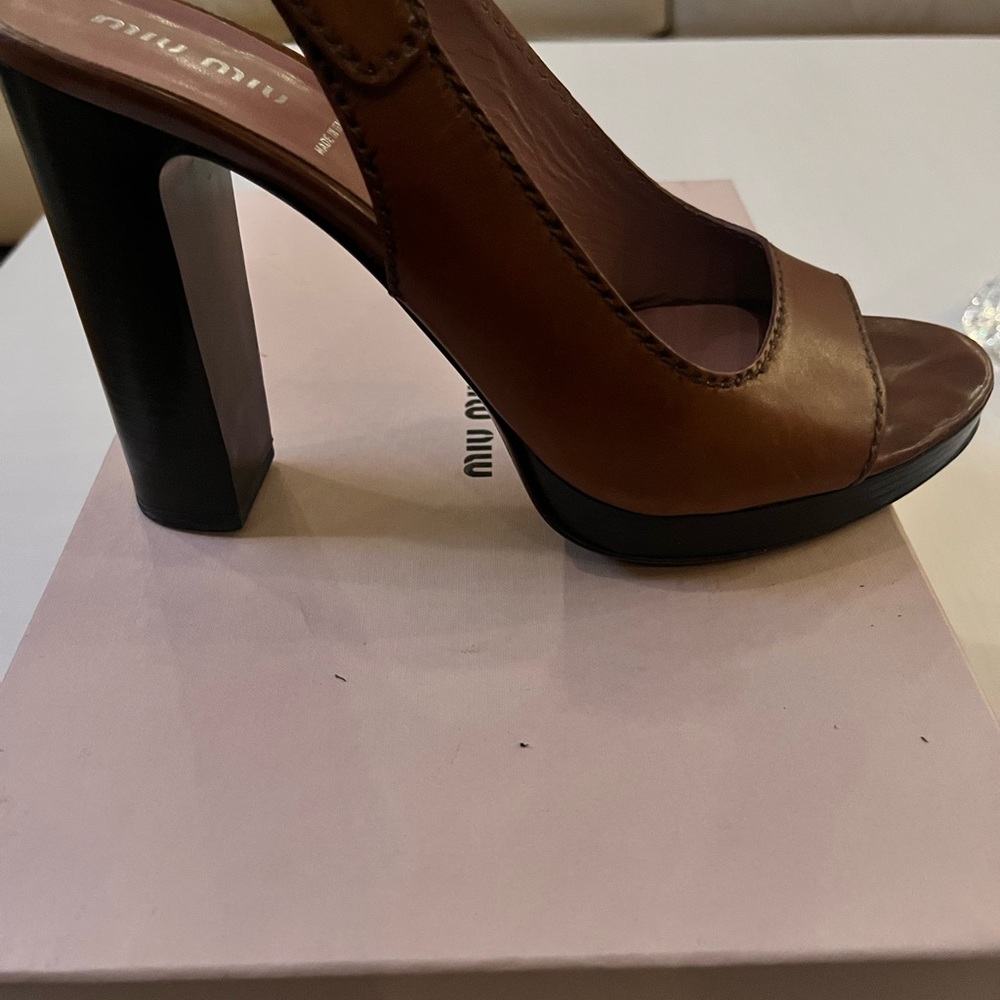 Miu Miu Platform Open Toe Slingback Brown Leather… - image 5